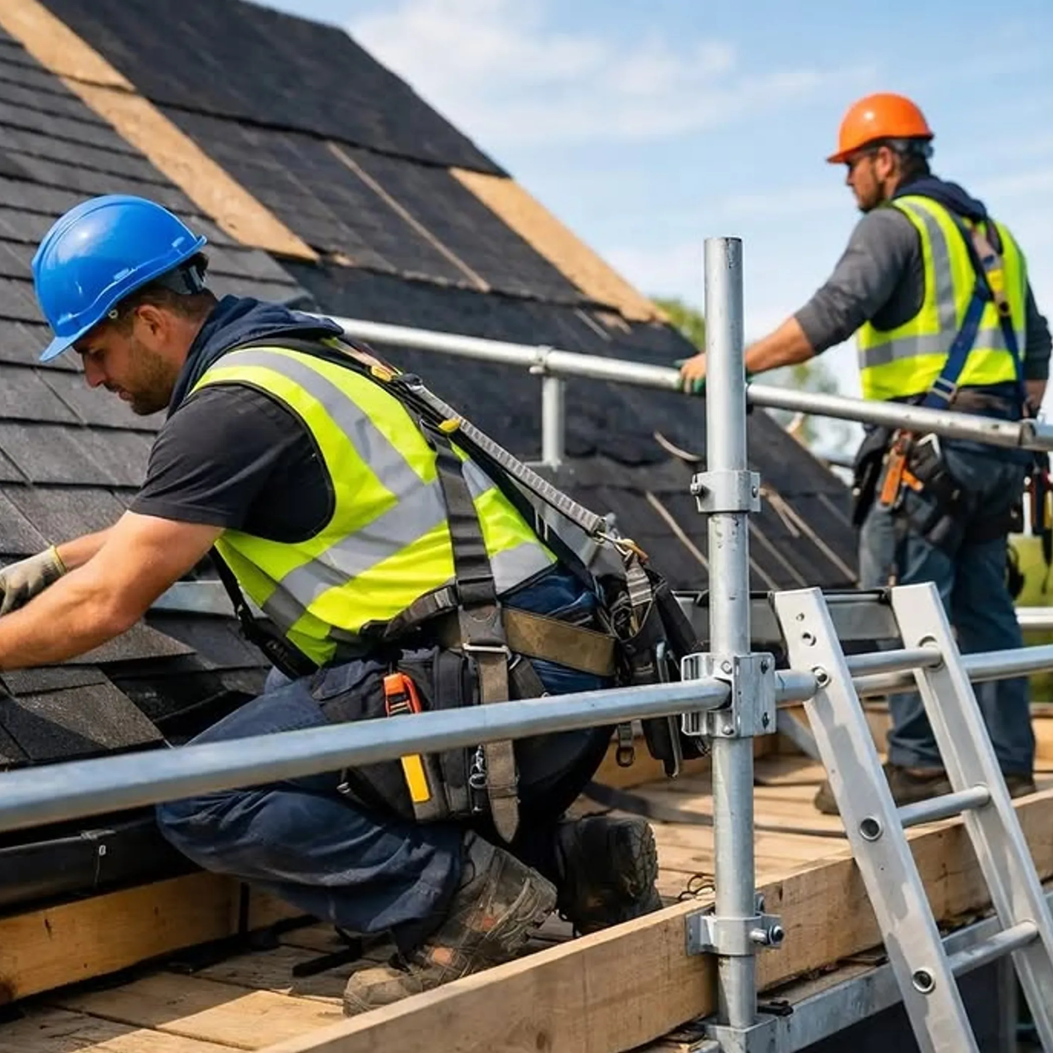 safe roof work with scaffolding PPE